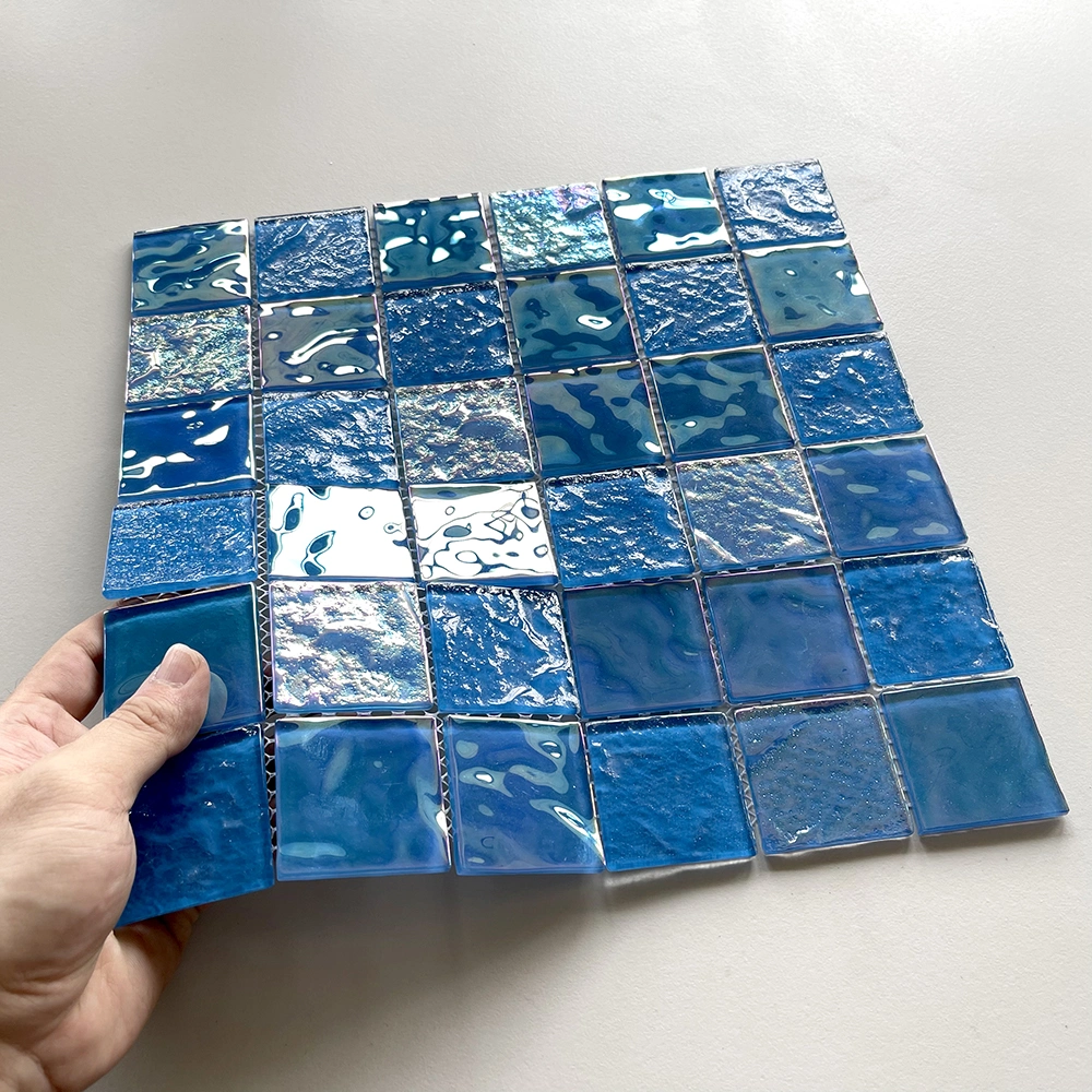 Non Slip Glass Mosaic Tile Blue Glass Pool Mosaic Iridescent Tiles